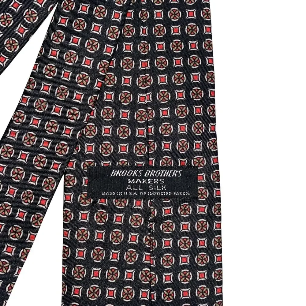 Brooks Brothers Makers Mens Tie Black With Red Circles And Squares Silk USA